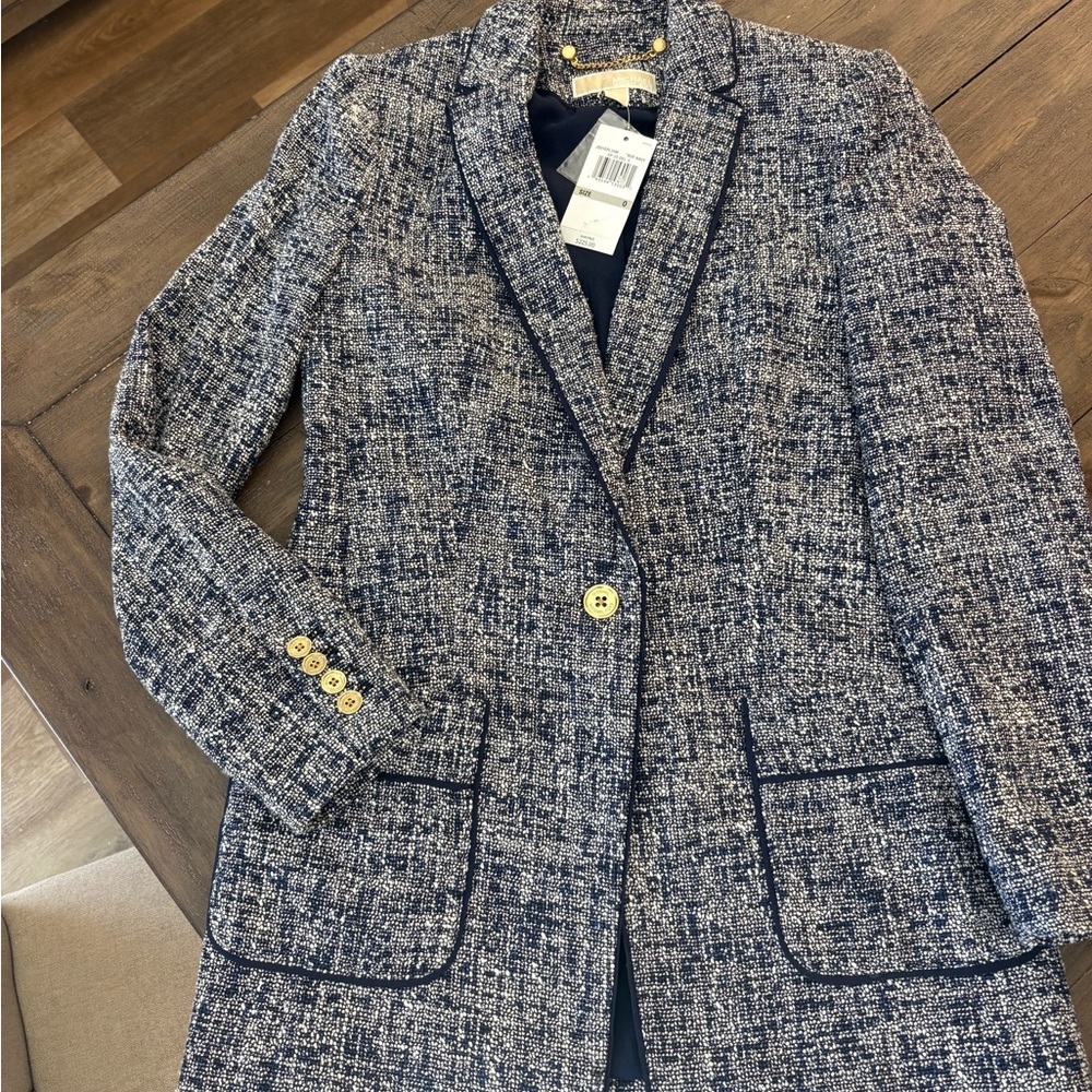Michael Kors Navy Tweed Blazer with Gold Accents